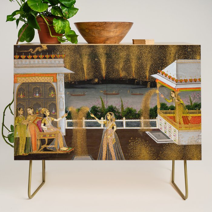 Royal Women Celebrating Diwali Indian Miniature Painting  Credenza Gallery Image 1