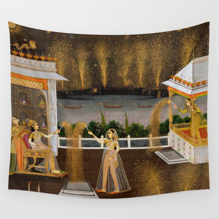 Royal Women Celebrating Diwali Indian Miniature Painting  Wall Tapestry Gallery Image 4