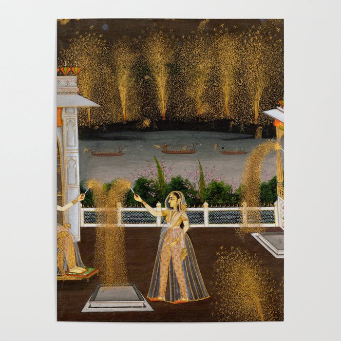 Royal Women Celebrating Diwali Indian Miniature Painting  Poster Gallery Image 1
