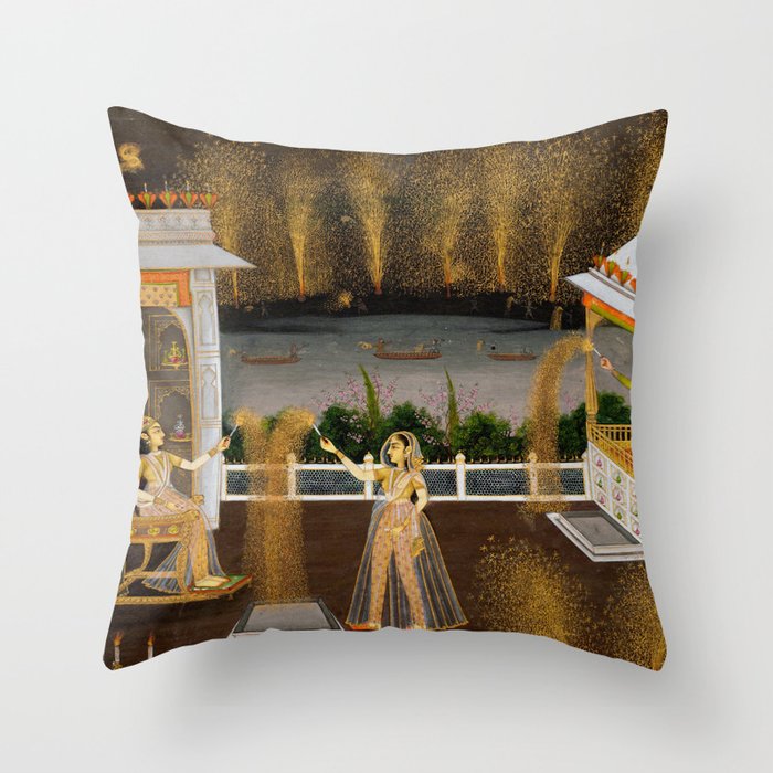 Royal Women Celebrating Diwali Indian Miniature Painting  Throw Pillow Gallery Image 6