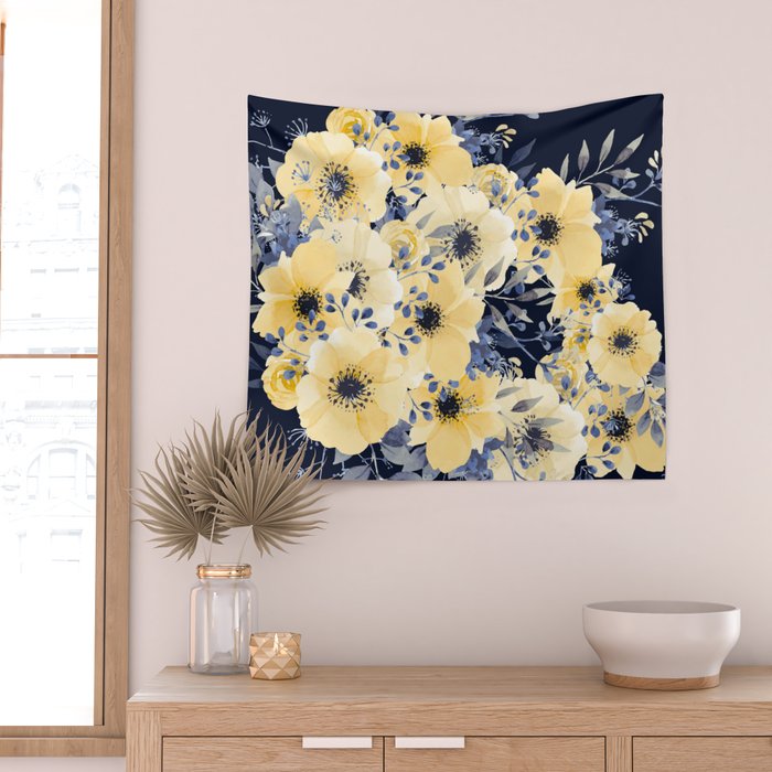 Floral Watercolor Print, Yellow and Navy Blue Wall Tapestry Gallery Image 2