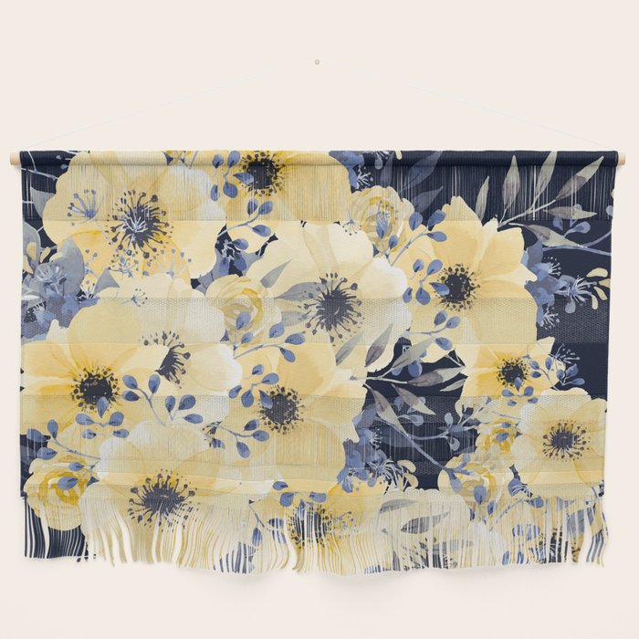 Floral Watercolor Print, Yellow and Navy Blue Wall Hanging Gallery Image 1