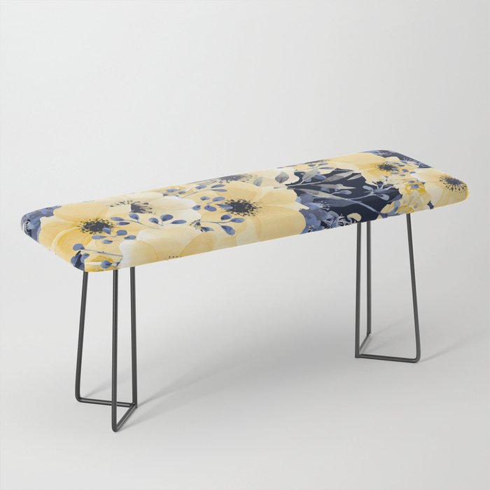 Floral Watercolor Print, Yellow and Navy Blue Bench Gallery Image 1