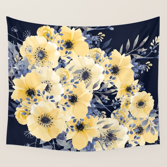 Floral Watercolor Print, Yellow and Navy Blue Wall Tapestry Gallery Image 1