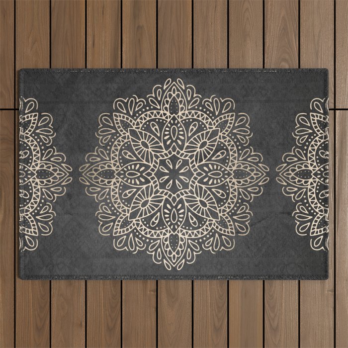 Mandala White Gold on Dark Gray Outdoor Rug Gallery Image 1