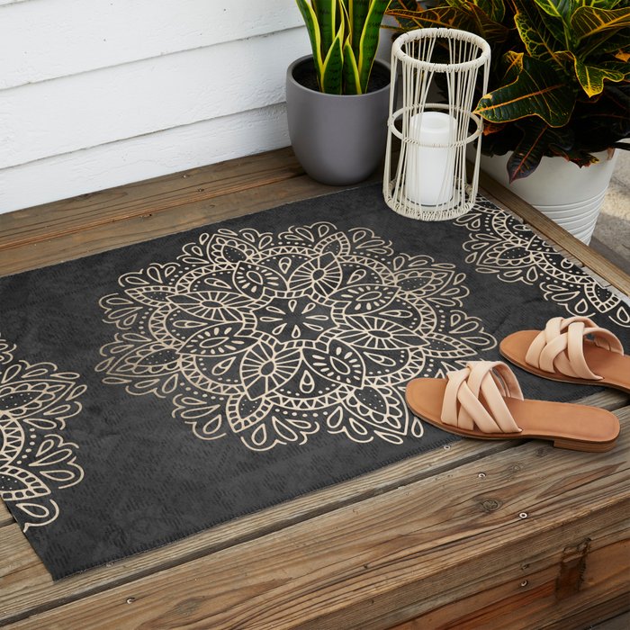 Mandala White Gold on Dark Gray Outdoor Rug Gallery Image 2