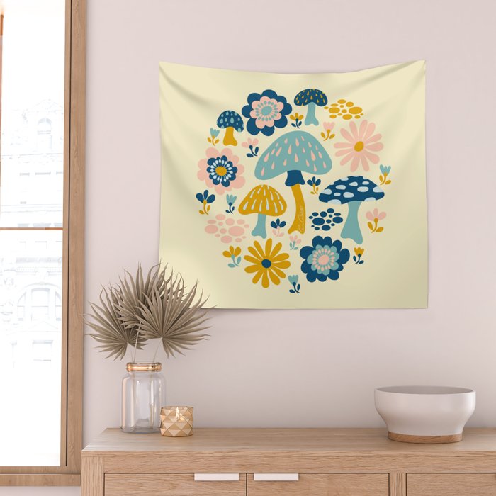 Magical Woodland Floral With Mushrooms Wall Tapestry Gallery Image 2