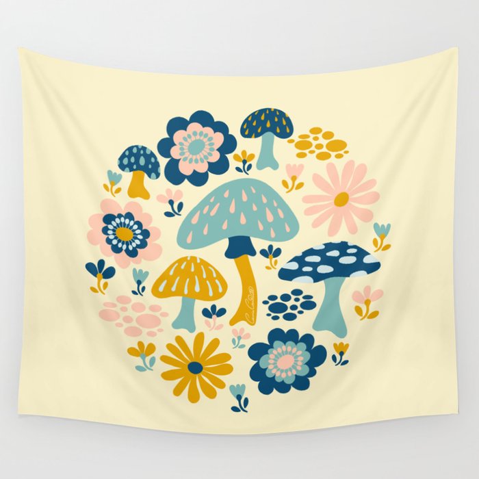 Magical Woodland Floral With Mushrooms Wall Tapestry Gallery Image 1