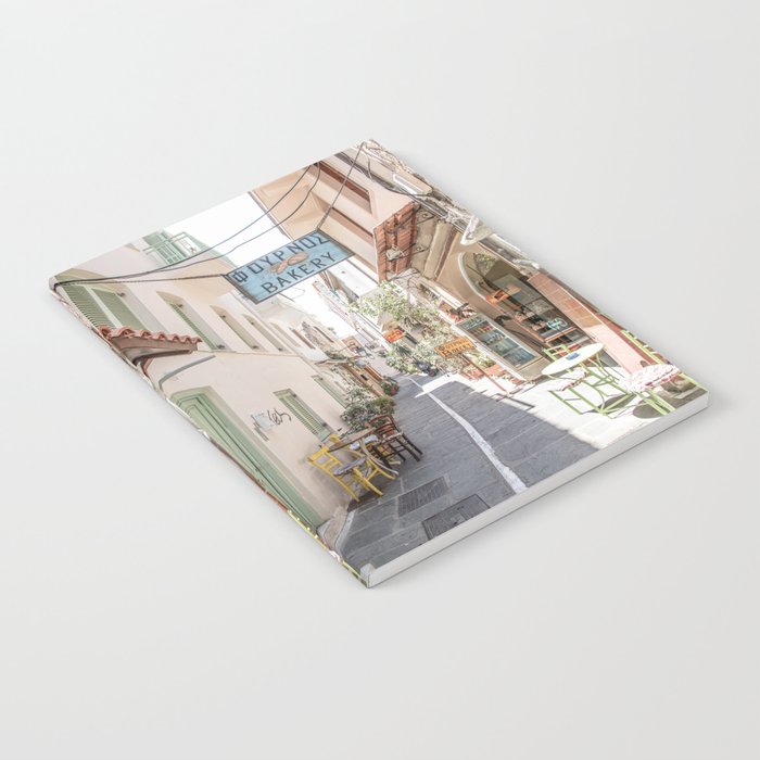 Street In Greece Photo | Pastel Village Houses Summer Art Print | Europe Digital Travel Photography Notebook Gallery Image 1