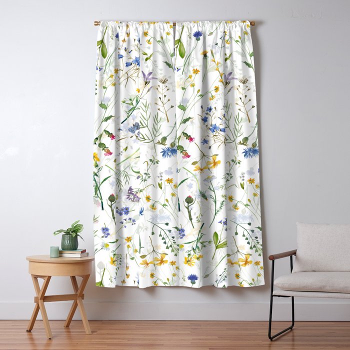 Scandinavian Midsummer Blue And Yellow Wildflowers Meadow  Window Curtain
