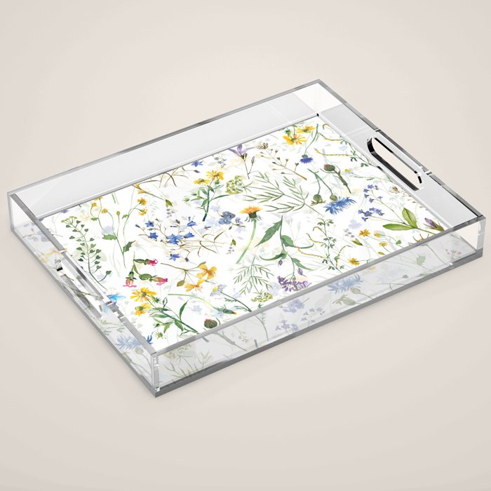 Scandinavian Midsummer Blue And Yellow Wildflowers Meadow  Acrylic Tray Gallery Image 1