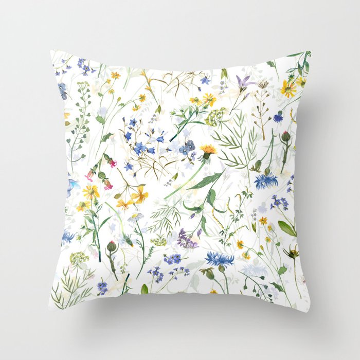 Scandinavian Midsummer Blue And Yellow Wildflowers Meadow  Throw Pillow Gallery Image 1