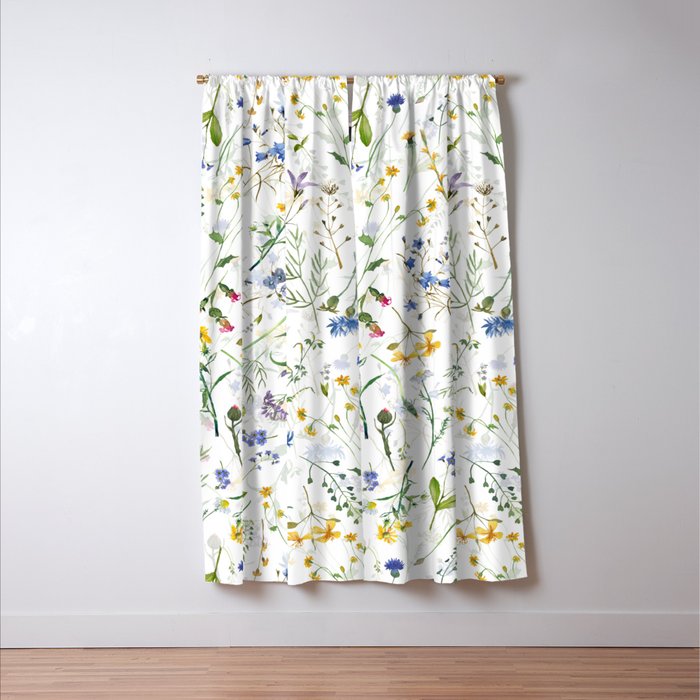Scandinavian Midsummer Blue And Yellow Wildflowers Meadow  Window Curtain Gallery Image 3