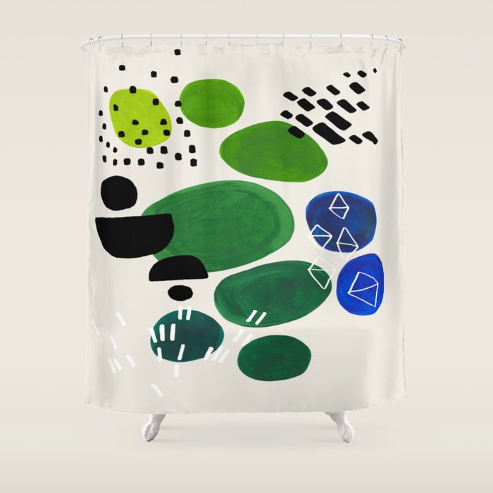 Fun Abstract Minimalist Mid Century Modern Colorful Shapes Lime Green Blue Watercolor Bubbles Shower Curtain Gallery Image 1