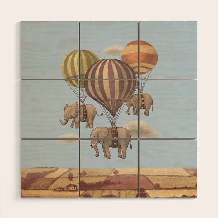 Flight of the Elephants - blue option Wood Wall Art Gallery Image 1