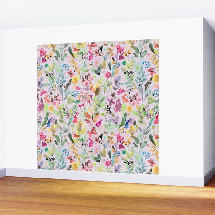 Wild Flowers Meadow Spring Garden Floral Watercolor Pink Wall Mural Gallery Image 2