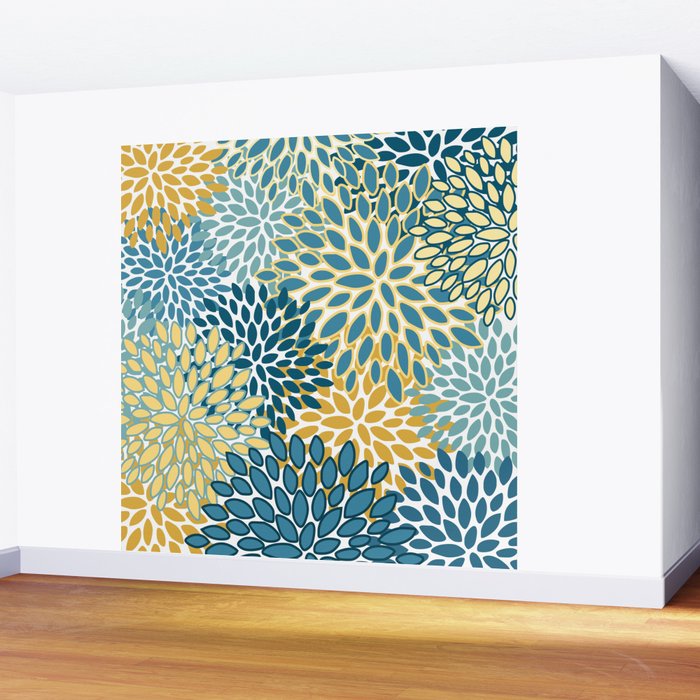 Modern Floral Prints, Teal and Yellow Wall Mural Gallery Image 2
