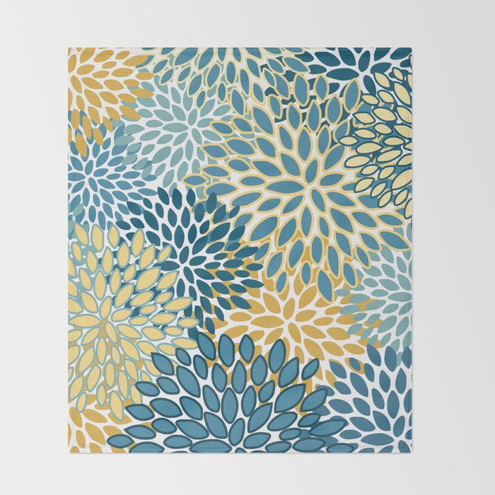 Modern Floral Prints, Teal and Yellow Throw Blanket Gallery Image 2