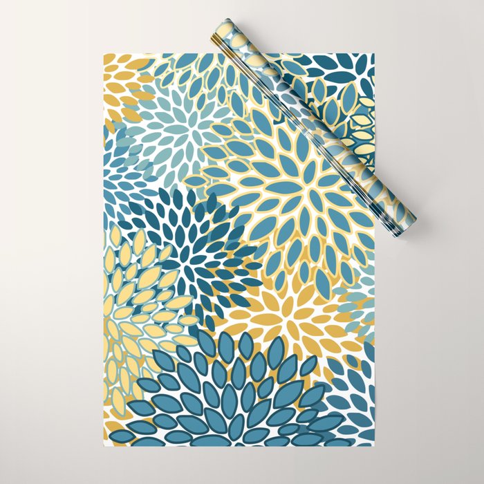 Modern Floral Prints, Teal and Yellow Wrapping Paper Gallery Image 1