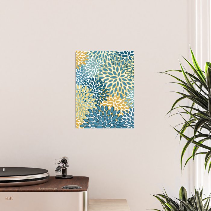 Modern Floral Prints, Teal and Yellow Poster Gallery Image 2