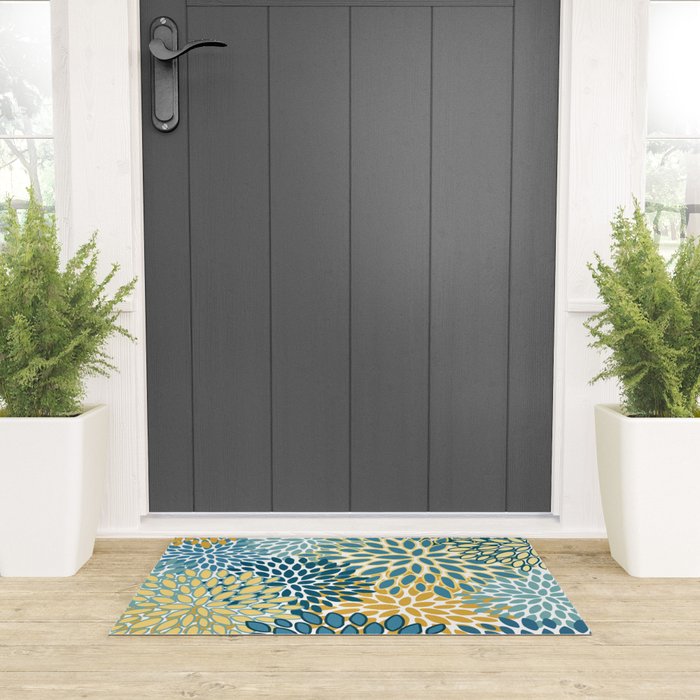 Modern Floral Prints, Teal and Yellow Welcome Mat Gallery Image 3