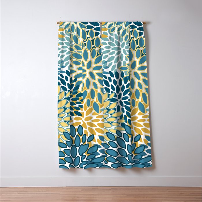 Modern Floral Prints, Teal and Yellow Window Curtain Gallery Image 3