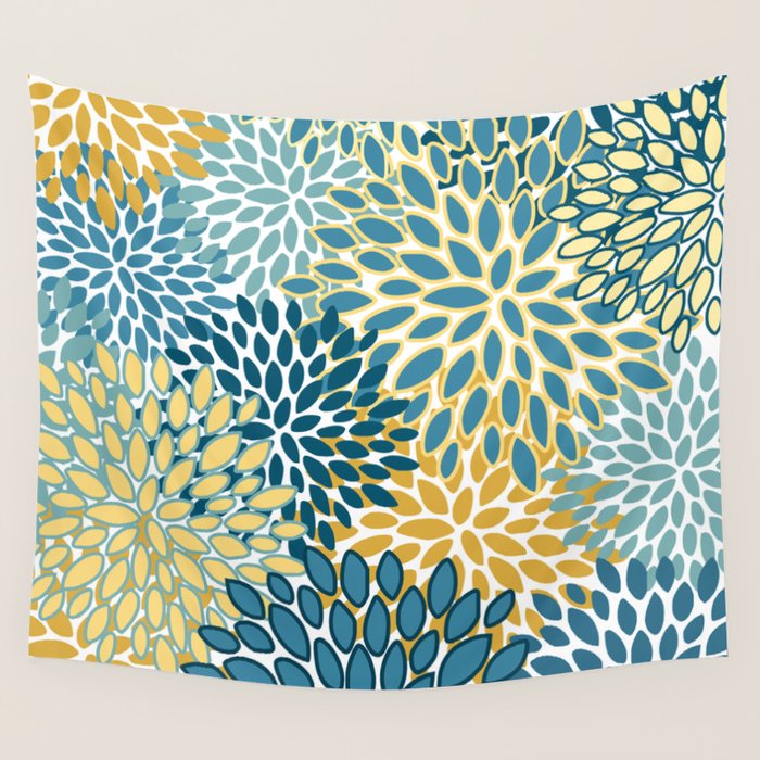 Modern Floral Prints, Teal and Yellow Wall Tapestry Gallery Image 4