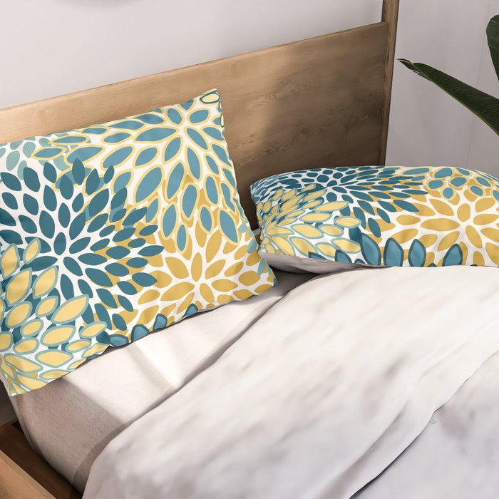Modern Floral Prints, Teal and Yellow Pillow Sham Gallery Image 2