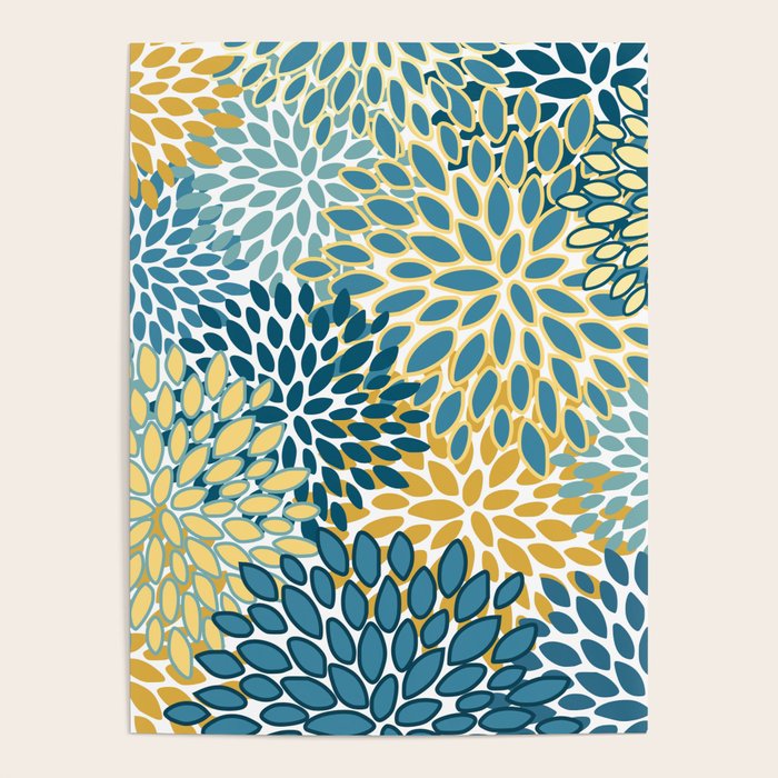 Modern Floral Prints, Teal and Yellow Poster Gallery Image 1