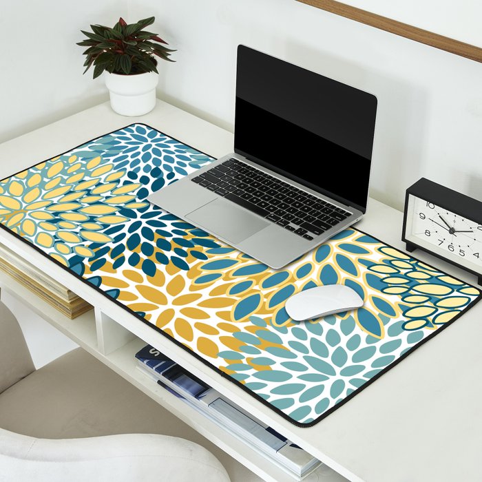 Modern Floral Prints, Teal and Yellow Desk Mat Gallery Image 2