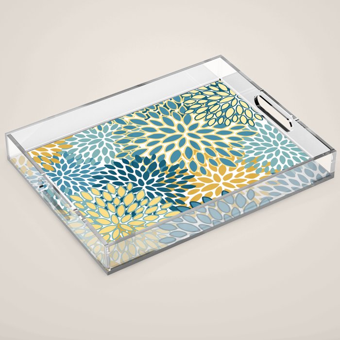 Modern Floral Prints, Teal and Yellow Acrylic Tray Gallery Image 1
