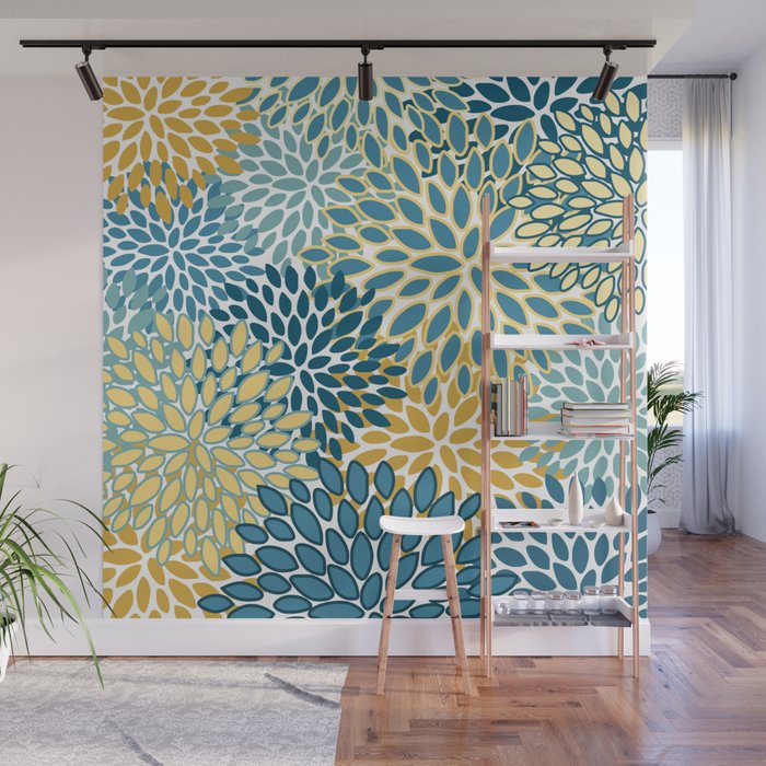 Modern Floral Prints, Teal and Yellow Wall Mural Gallery Image 1