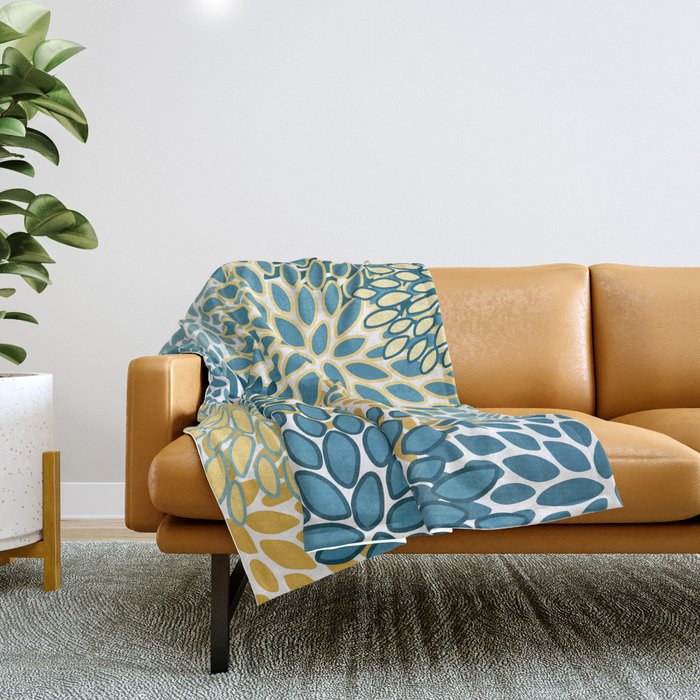 Modern Floral Prints, Teal and Yellow Throw Blanket Gallery Image 1