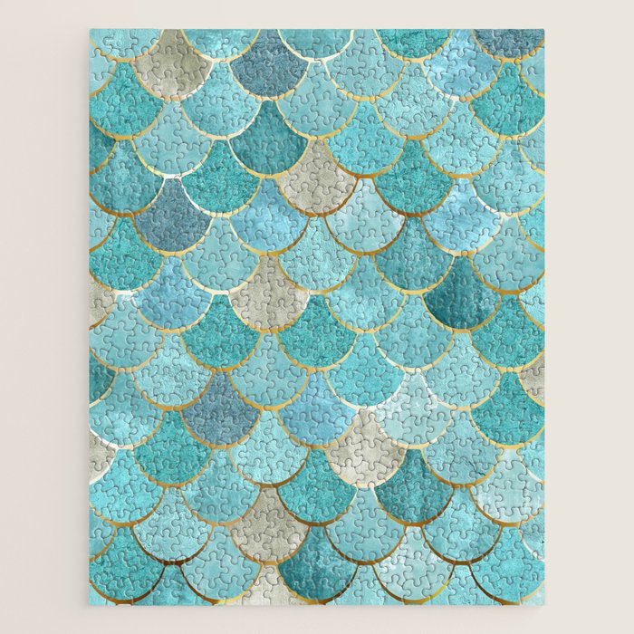 Moroccan Mermaid Fish Scale Pattern, Aqua,Teal Jigsaw Puzzle Gallery Image 1