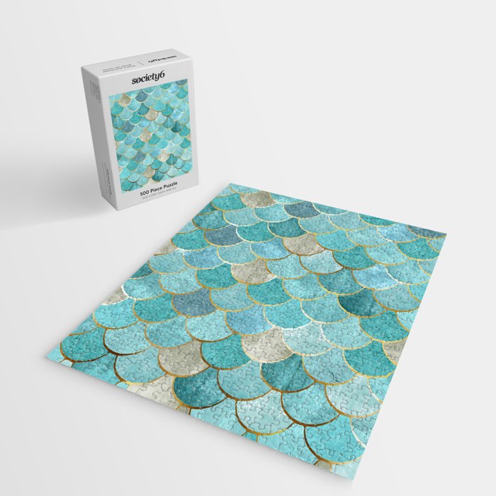 Moroccan Mermaid Fish Scale Pattern, Aqua,Teal Jigsaw Puzzle Gallery Image 2