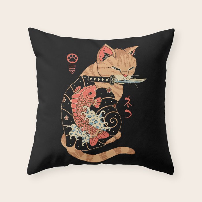 Carp Tattooed Cat Throw Pillow Gallery Image 1