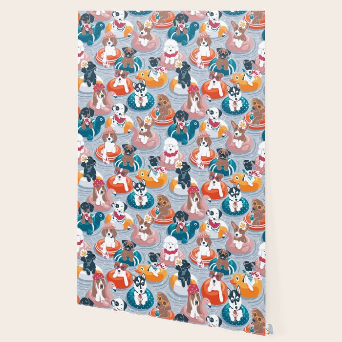 Summer pool pawty // pastel blue background dog breeds in vacations playing on swimming pool floats // Labrador beagle dachshund jack Russell Dalmatian welsh corgi pug greyhound basset hound husky  Wallpaper Gallery Image 2