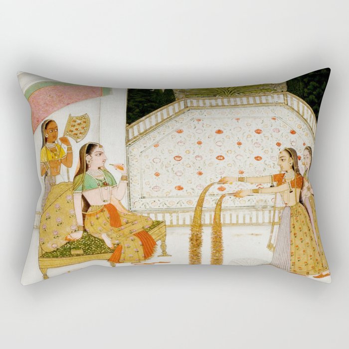 Fireworks At Night Royal Court Ladies Indian Miniature Painting  Rectangular Pillow Gallery Image 1