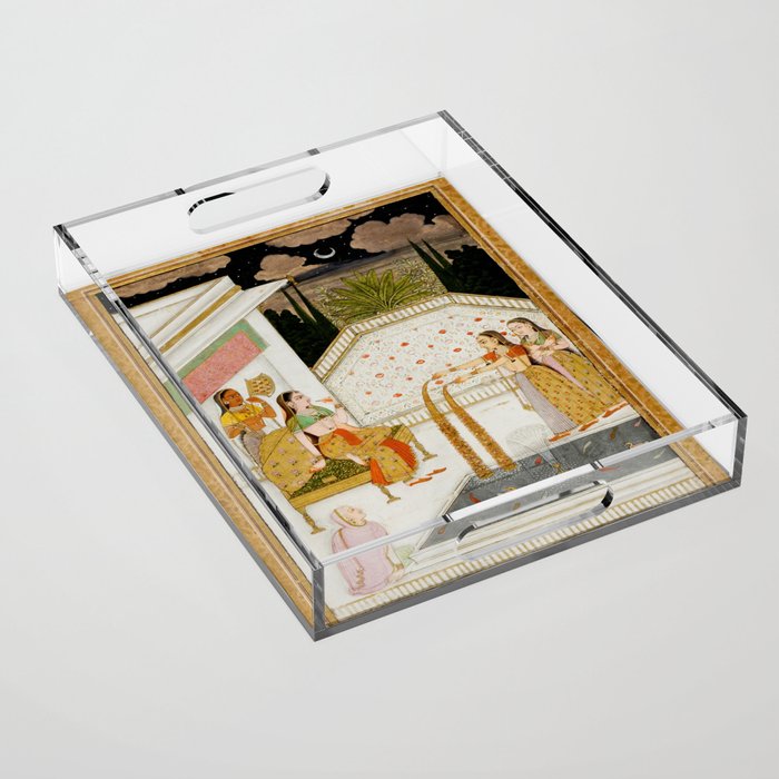 Fireworks At Night Royal Court Ladies Indian Miniature Painting  Acrylic Tray Gallery Image 1