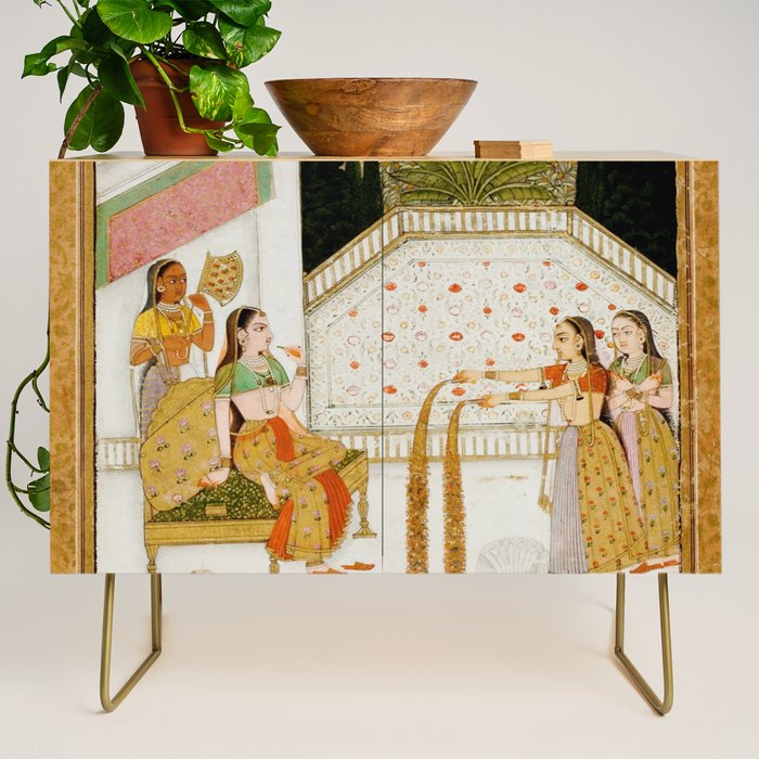 Fireworks At Night Royal Court Ladies Indian Miniature Painting  Credenza Gallery Image 1