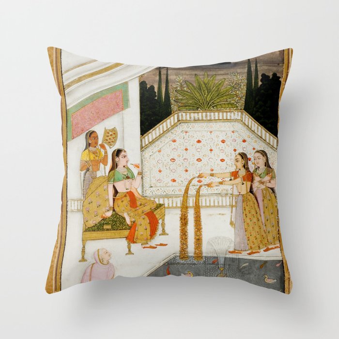 Fireworks At Night Royal Court Ladies Indian Miniature Painting  Throw Pillow Gallery Image 1