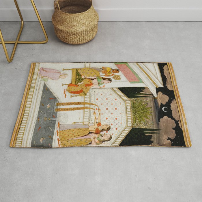 Fireworks At Night Royal Court Ladies Indian Miniature Painting  Rug Gallery Image 1