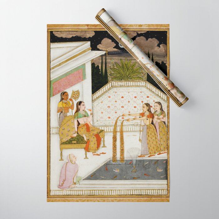 Fireworks At Night Royal Court Ladies Indian Miniature Painting  Wrapping Paper Gallery Image 1