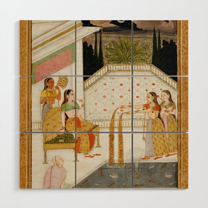 Fireworks At Night Royal Court Ladies Indian Miniature Painting  Wood Wall Art Gallery Image 1