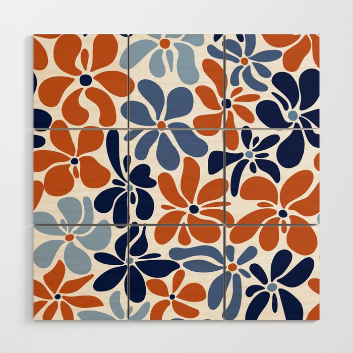 Abstract Flowers, Orange, Blue and White Wood Wall Art Gallery Image 1
