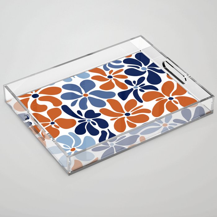 Abstract Flowers, Orange, Blue and White Acrylic Tray Gallery Image 1