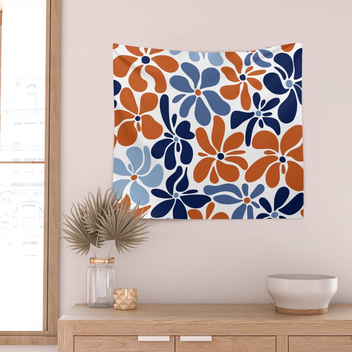 Abstract Flowers, Orange, Blue and White Wall Tapestry Gallery Image 2