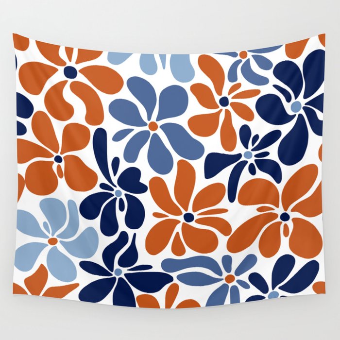 Abstract Flowers, Orange, Blue and White Wall Tapestry Gallery Image 1