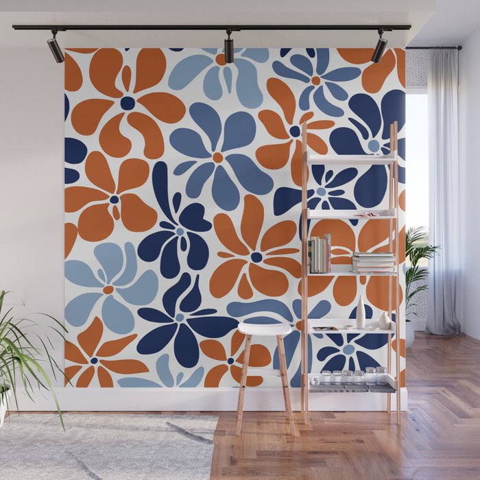 Abstract Flowers, Orange, Blue and White Wall Mural Gallery Image 1