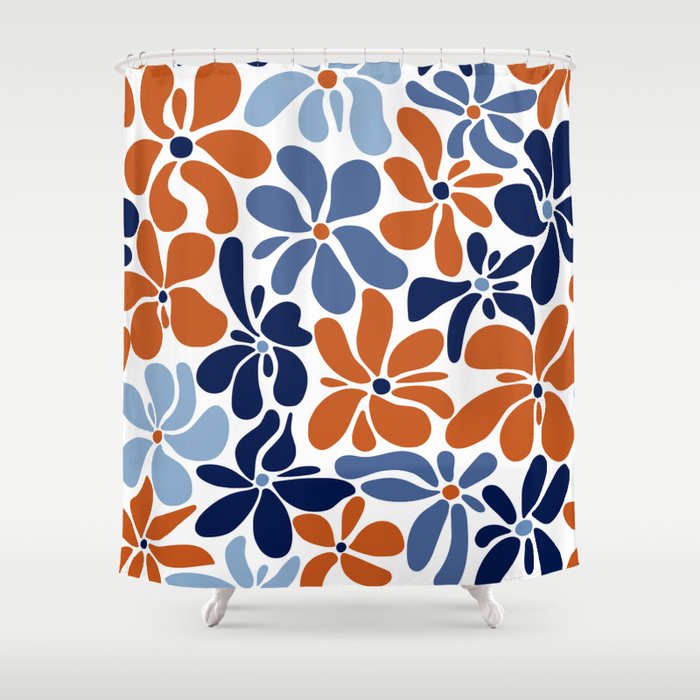 Abstract Flowers, Orange, Blue and White Shower Curtain Gallery Image 1